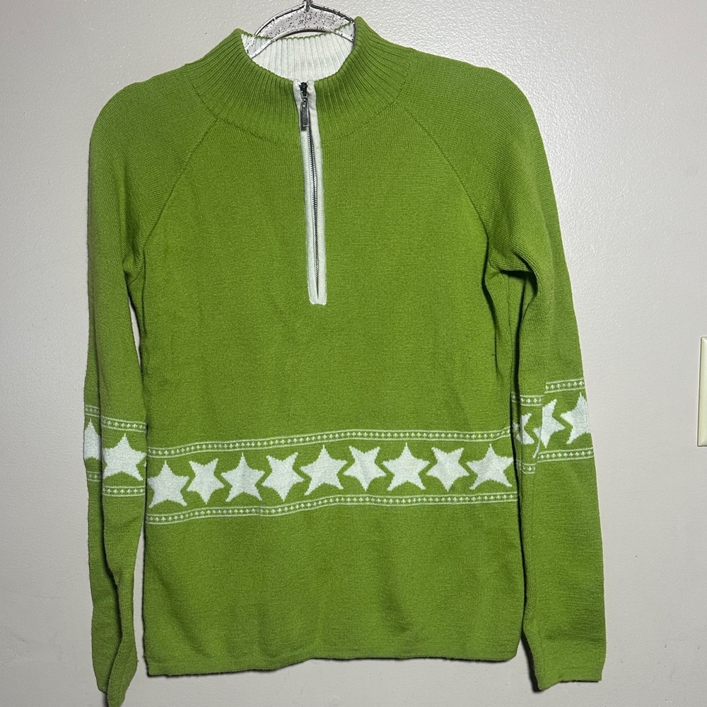 Neve Large Green Star Printed Quarter Zip Wool Ski Sweater Pullover‎